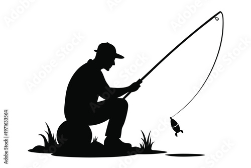 a male fisherman sitting silhouette line art vector illustration