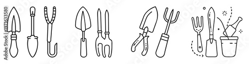 Black and white line art illustration of garden tools equipment set