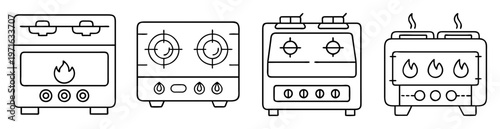 Line art illustration showcasing a collection of different types of kitchen stoves