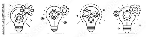 Collection of creative lightbulb icons with gears inside and around it