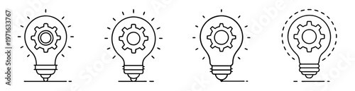 Four different light bulb icon ideas with gears symbolizing innovation and mechanics