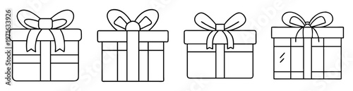 Four different styles of present boxes with bows in simple line art