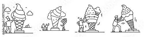 A whimsical illustration of people interacting with oversized ice cream cones
