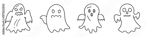 Four adorable and simplistic Halloween ghosts with unique facial expressions in black outline