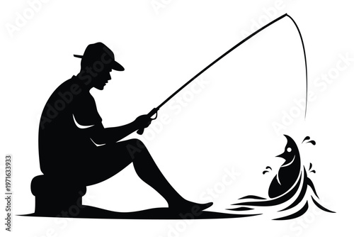 a male fisherman sitting silhouette line art vector illustration
