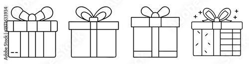 Collection of four various presents with beautiful ribbons in black outlines