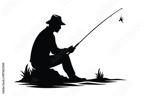 a male fisherman sitting silhouette line art vector illustration
