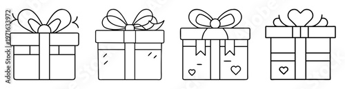 Outlined Presents with Bows and Hearts Design Illustration on White Background