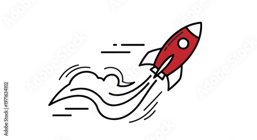 Red rocket launching with smoke trail and speed lines with graphic represents