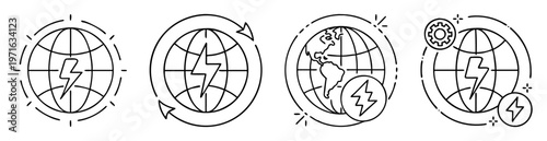 Icons representing renewable energy sources and global solutions in black and white