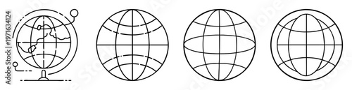 Four different styles of globe outline illustration, world map representation