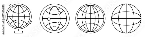 Four stylized globe icons representing geography, technology, and global communication