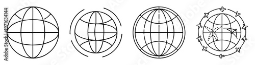Four variations of simple globe illustrations symbolizing global reach and connection