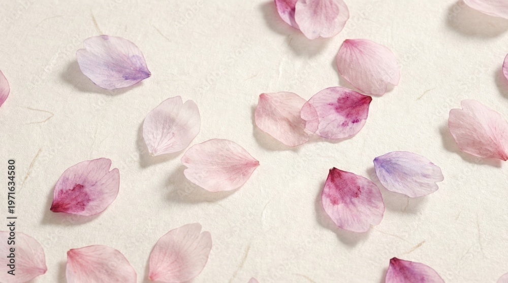 Obraz premium Delicate scattered pink and purple cherry blossom petals on a textured light background creating a soft and ethereal aesthetic spring themes and gentle