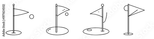 Four black and white golf course flags on a white background