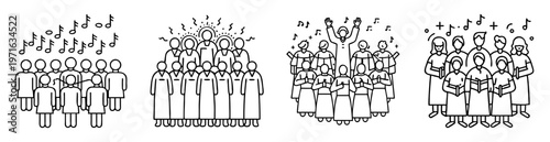 Line art illustrations depicting choirs singing with musical notes and choral formations