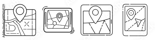 Set of linear icons for GPS navigation, route planning, and location pinpointing