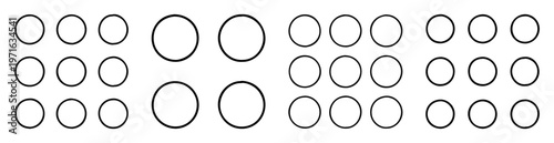 A geometric arrangement of circles with varying spacing, a simple black and white graphic