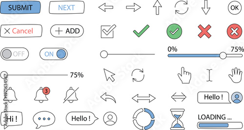 Hand Drawn UI UX Design Elements Set, Sketchy User Interface Icons for Wireframing and Prototyping
