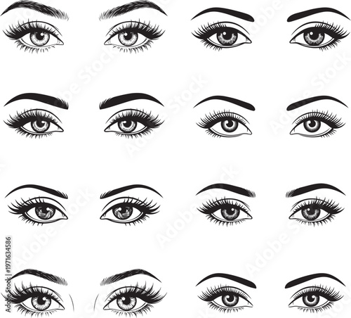 Set of woman's open eyes with different lash and brow styles vector illustration
