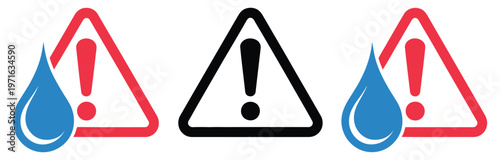 Water drop warning sign icons with exclamation mark, liquid hazard alert symbols, water safety caution indicator set, contamination and flood warning concept, droplet danger notification icons