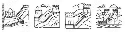 Great Wall of China minimalist outline drawings featuring iconic Chinese architecture