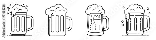 Four beer mugs with overflowing foam in a simple line art style