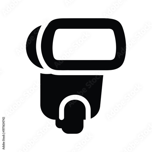 Black and white icon of a classic film projector with a large lens and film reel