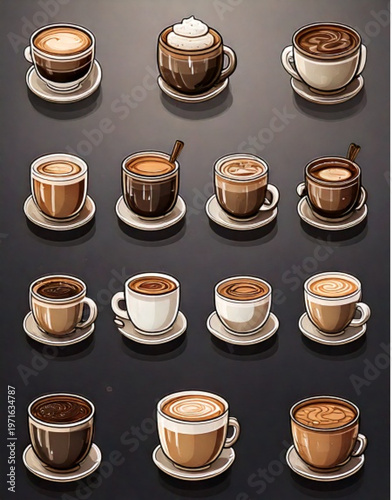 Collection of pixel art coffee drinks with cream and toppings.
