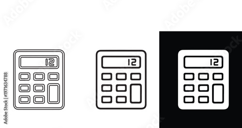 Calculator Icons in Various Styles: A collection of calculator icons showcasing various design styles and presentations, perfect for illustrating financial calculations, mathematical concepts.