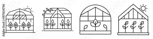 Collection of greenhouses in a minimalistic line drawing style illustration