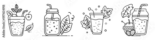 Four glasses and jars of healthy smoothies and fresh organic ingredients