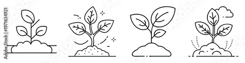 Collection of minimalist line art drawings of sprouting plants in the soil