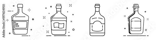 Outlined whiskey and liquor bottles with varying shapes and label designs