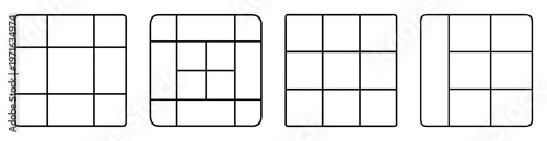 Compositional layouts featuring squared shapes with varying internal divisions and arrangements