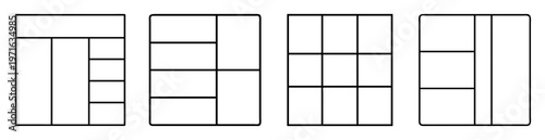 Four variations of geometric layouts with black border lines and rounded corners