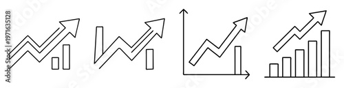 Outline set of stock market graphs showing increasing business and economic growth