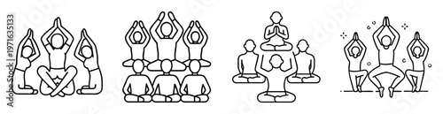 A collection of minimalist line drawings depicting various yoga poses and formations