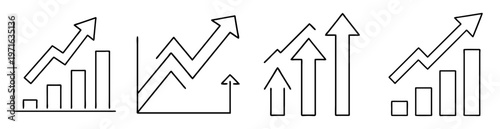 Variety of black and white business growth charts with rising arrow trends
