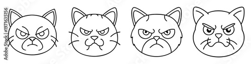 Four different angry cartoon cats heads, outlined on a white background