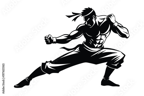 a kickboxer in a fighting stance silhouette line art vector illustration