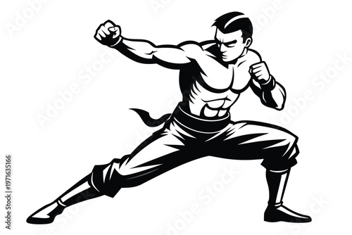 a kickboxer in a fighting stance silhouette line art vector illustration
