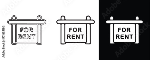 Property Rental Signage: A minimalist line drawing showcases a FOR RENT sign, conveying a clear message. The image focuses on the property rental concept, ideal for real estate.