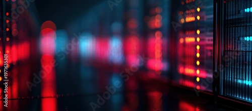 Blurry image of a computer server room with red, blue, and yellow lights