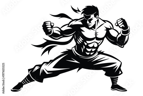 a kickboxer in a fighting stance silhouette line art vector illustration