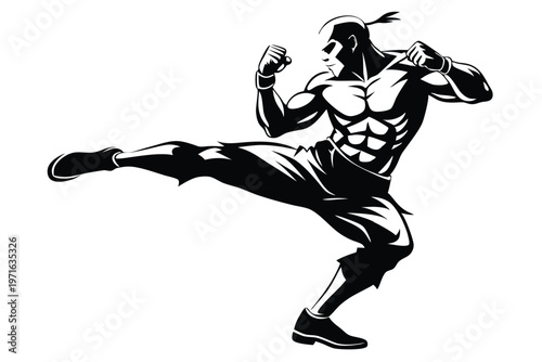 a kickboxer in a fighting stance silhouette line art vector illustration