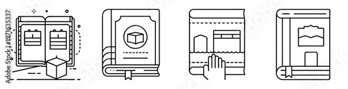 Monochrome vector graphic depicting four different religious book icons illustrations