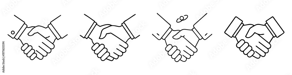 Fototapeta premium Multiple black and white line drawings of business hands shaking in agreement