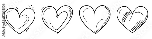 Set of four handdrawn doodle style hearts with various fill patterns
