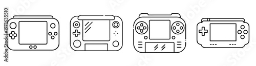 Four outline handheld game consoles display different button configurations and designs
